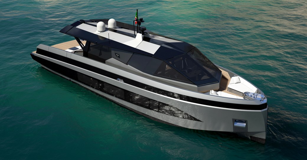 Wally WHY100 rendering, front angle view looking at the bow and main superstructure of the yacht. Surrounded by sea.