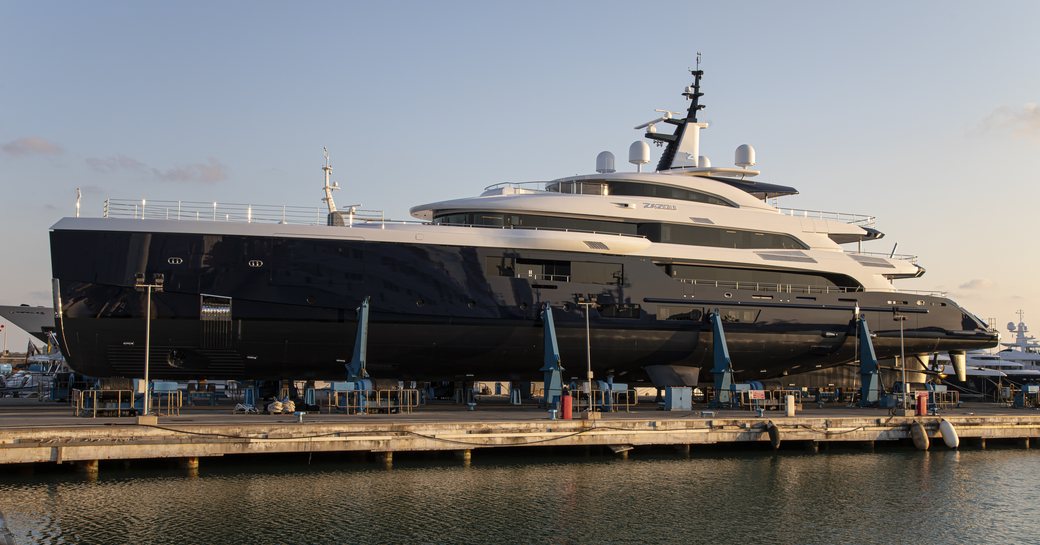 Side view of superyacht ZAZOU docked.