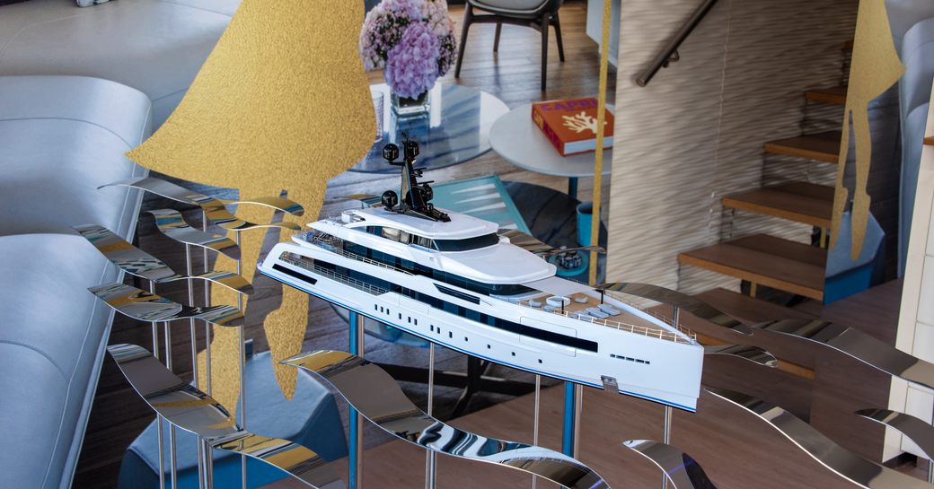 Concept model of a superyacht on display at the Monaco Yacht Show.