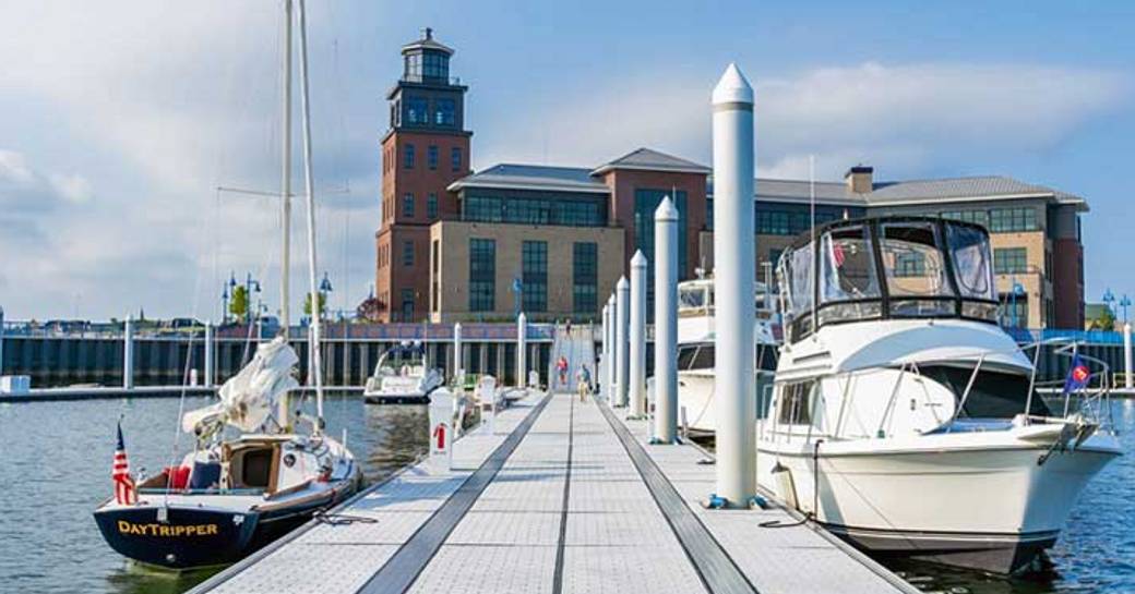 Long view of Bridgeport harbour berths, overlooking buildings for onsite facilities