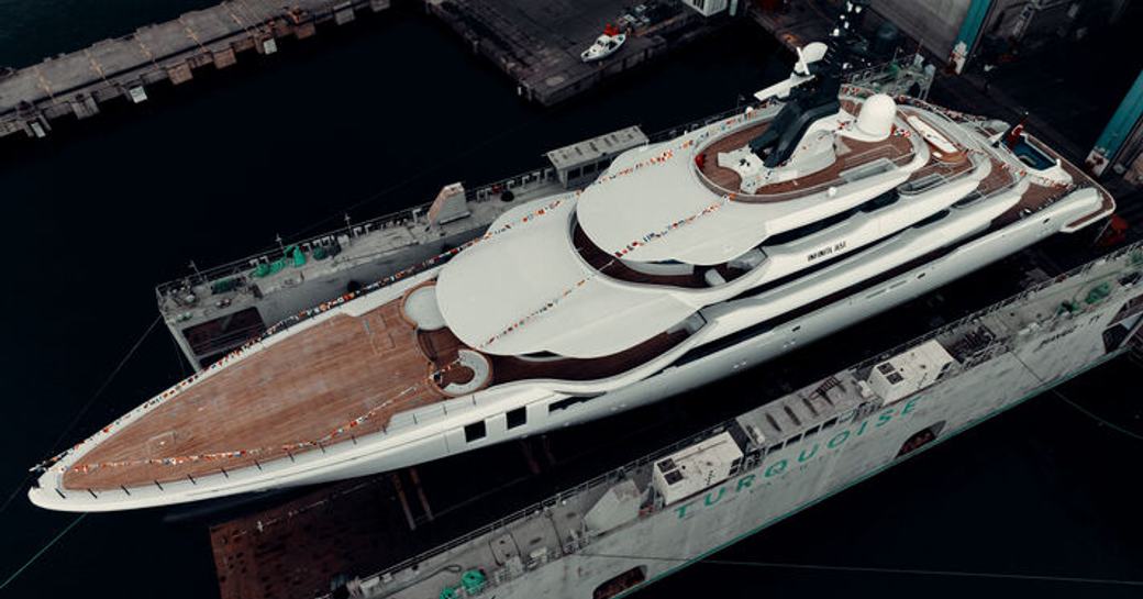 Overhead view of superyacht Infinite Jest docked at facility in Turkey.