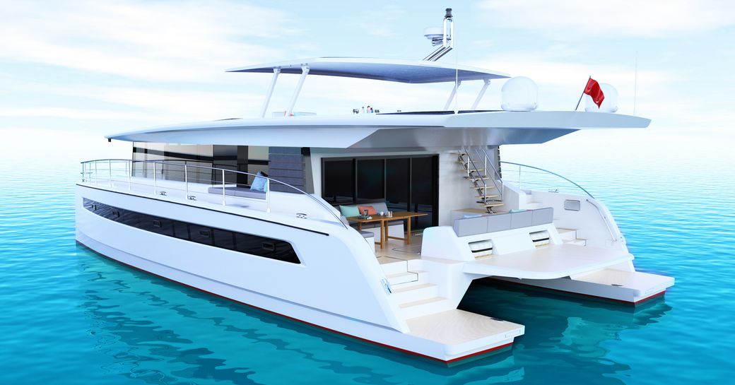 rendering of the aft deck of Silent 60 catamaran with an al fresco seating area