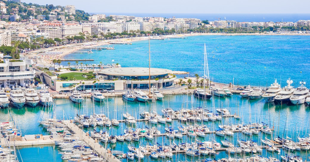 Sailing boats berthed in Cannes marina during Cannes Yachting Festival. 