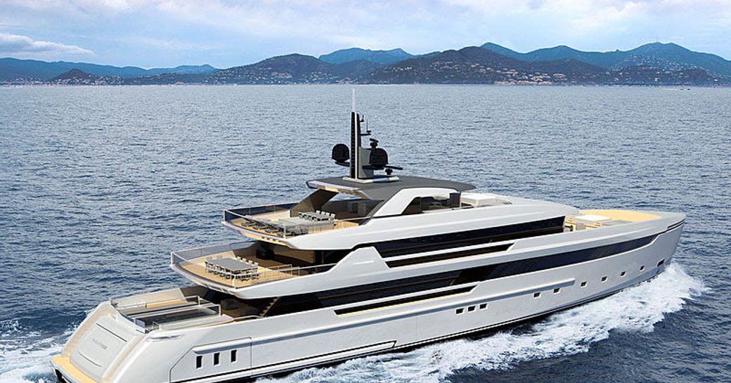 Sanlorenzo 64 Steel yacht with white hull and superstructure cruises on the ocean