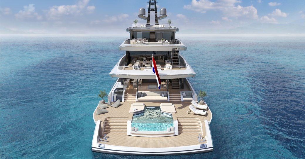 Render of 62-meter superyacht Project Monte Carlo looking toward the stern