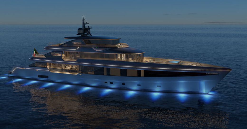 Side view of Admiral Panorama 50 superyacht at night, with underwater blue lights visible. Surrounded by sea.