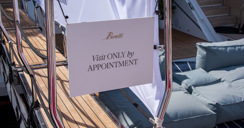 An appointment only card at the Benetti stand at the Cannes Yachting Festival