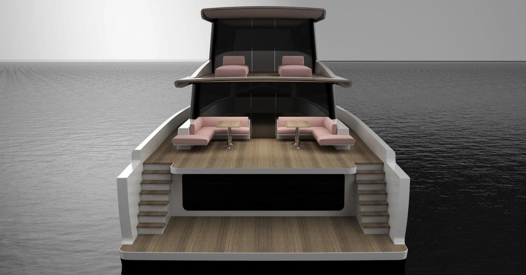 A stern view of the Omikron Yachts OT-80 enclosed model render, complete with sun loungers on the flybridge and L-shaped sofas on the main deck