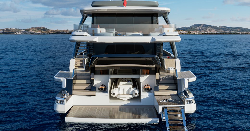 A view of the Extra Yachts X100 Triplex superyacht stern complete with tender garage and bathing platform