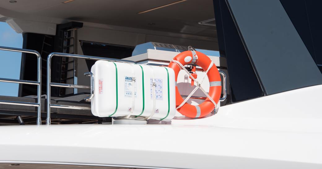 Marine Safety Gear on Superyacht. Liferaft and Lifebuoy ring