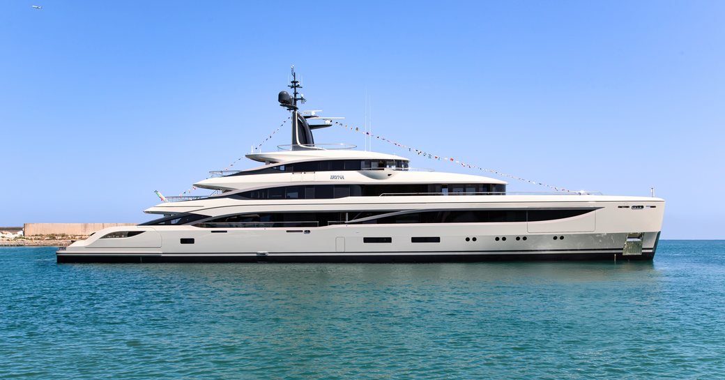 Benetti superyacht IRYNA on the day of her launch floating in a very calm blue sea