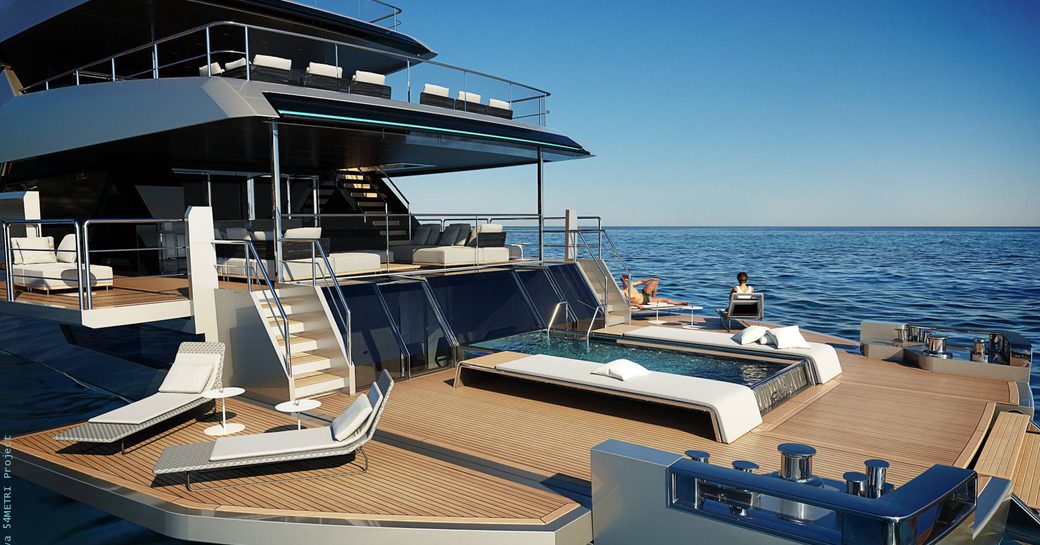 Aft deck rendering onboard Riva 54 Metri, sunlounger to side on fold down terrace, with infinity pool centre. Surrounded by sea.