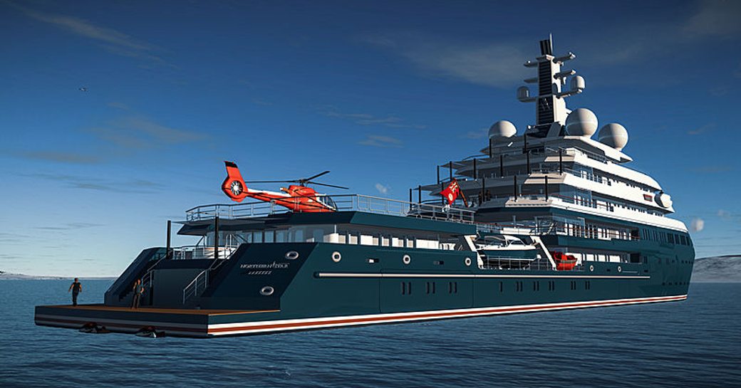 Aft rendering of superyacht SHACKLETON. Swim platform visible, surrounded by sea.