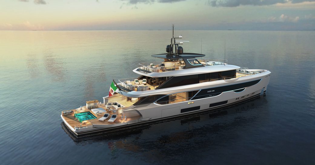 Rendering of new Benetti 40m Oasis yacht at sunset