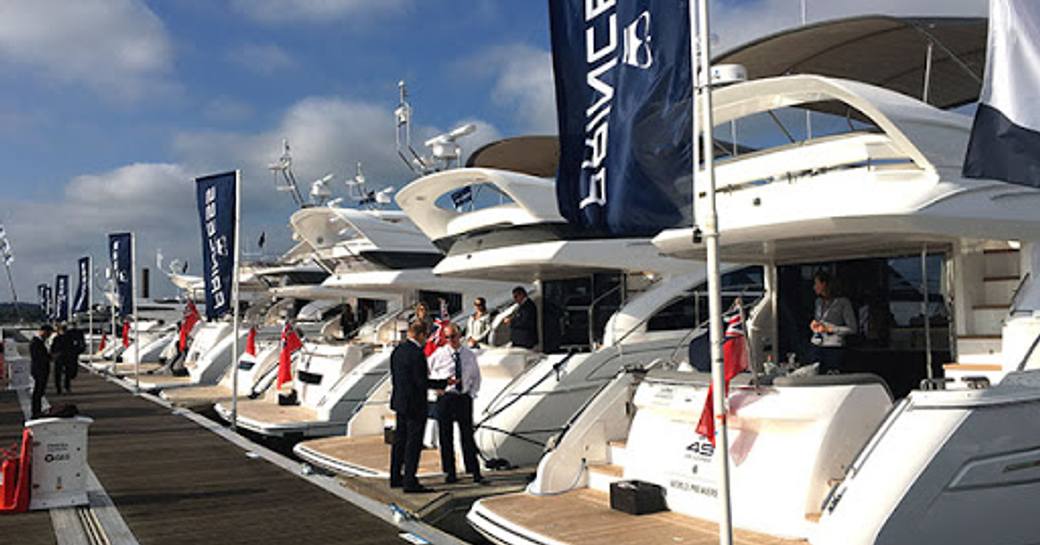 Line up  of Princess Yachts along a walkway at SIBS