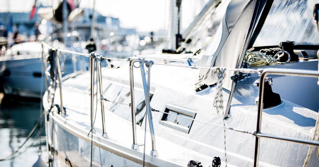 Close up view of a motor yacht superstructure, berthed at Mayflower Park during the Southampton International Boat Show