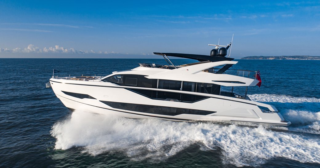 Sunseeker 90 Ocean underway, surrounded by sea.