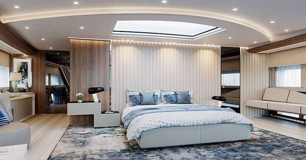 A contemporary guest stateroom on board a Dominator 36M Ilumen luxury yacht