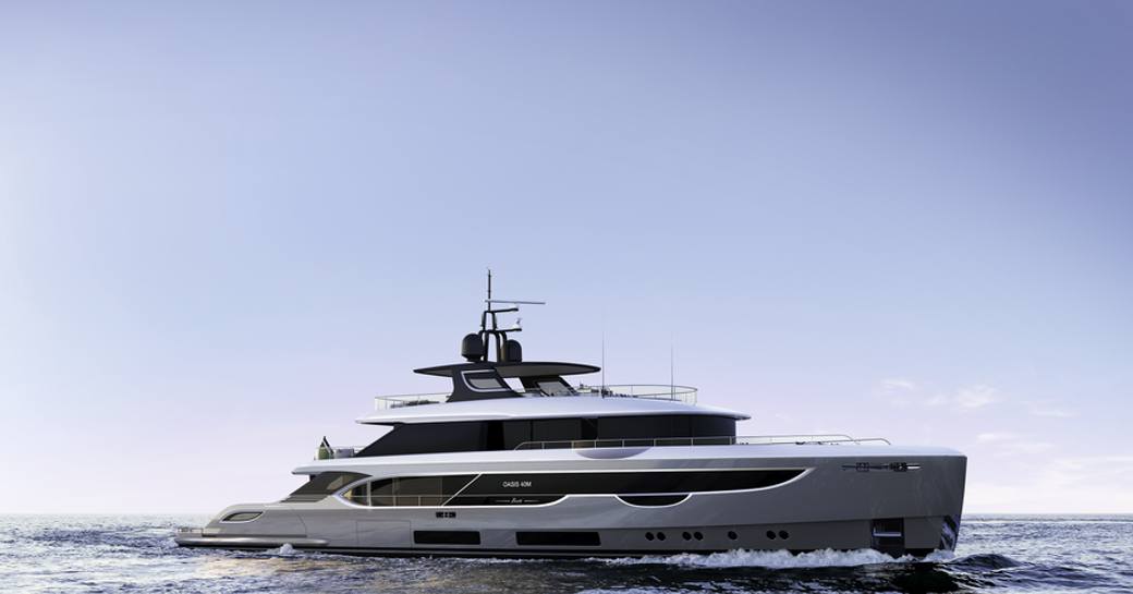 Side view of Benetti OASIS underway, surrounded by sea