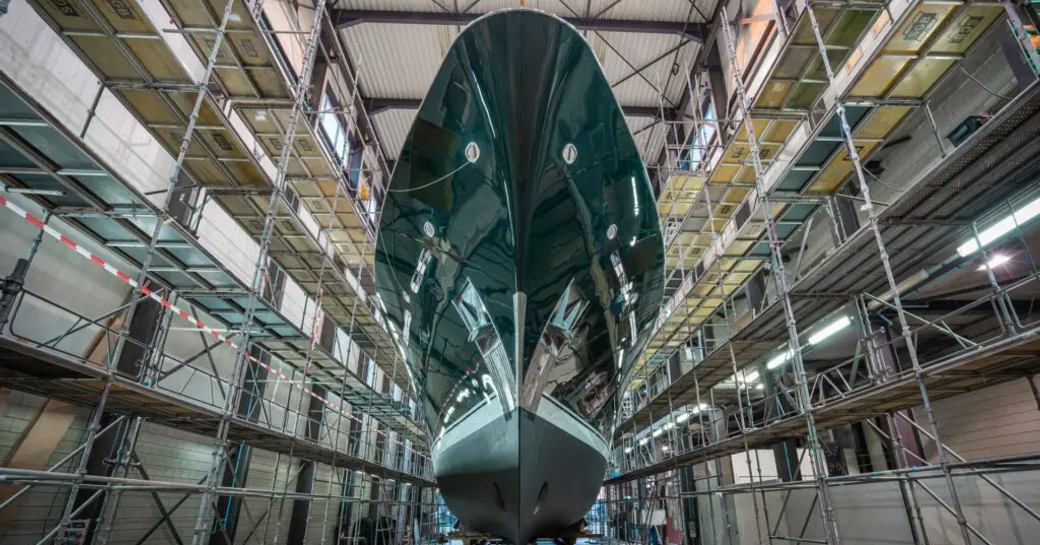 Photo looking up underneath the bow of 50m superyacht EMERALD