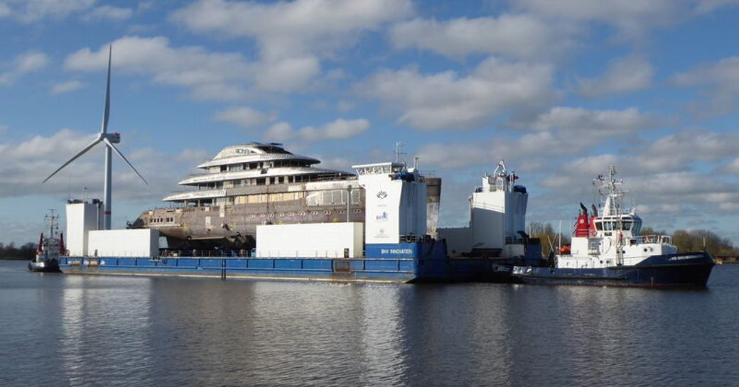 Lurssen superyacht Ace 21 being transported by tug boats by Bremerhaven.