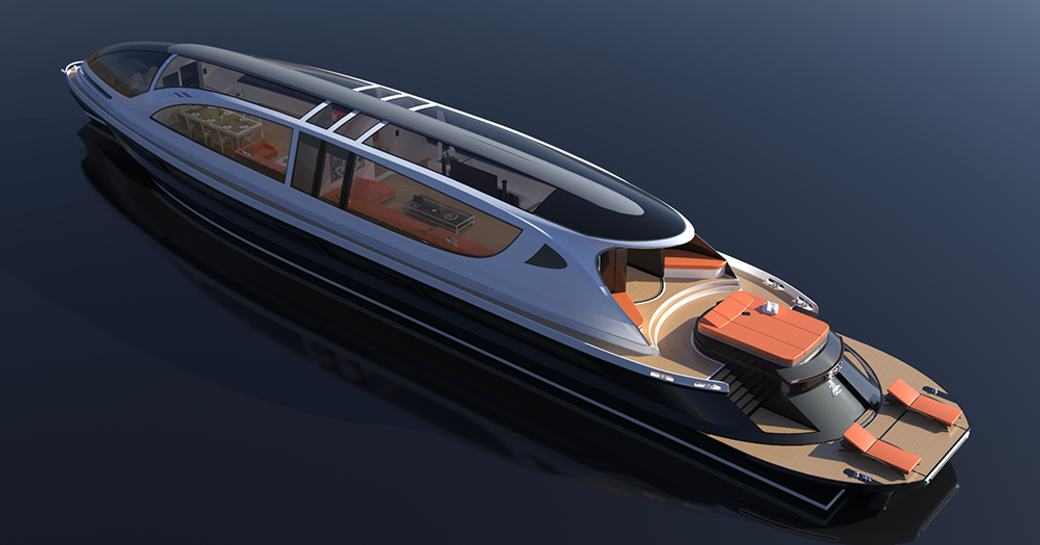 CGI of Xenos superyacht from above on calm water