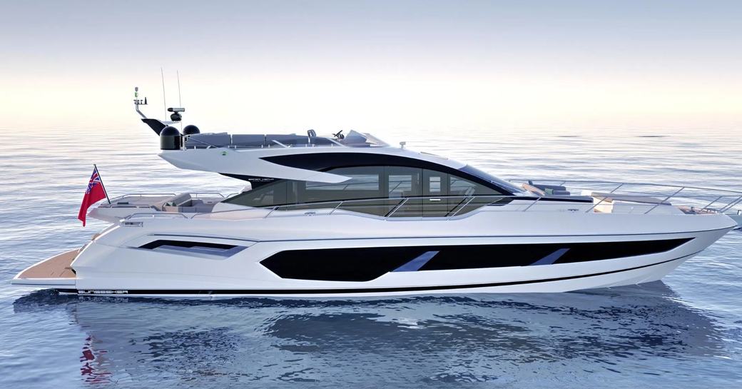 Side rendering of the Sunseeker 75 Sport Yacht at sea.