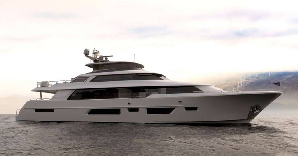 rendering of luxury yacht westport 112, dark colors and gray water