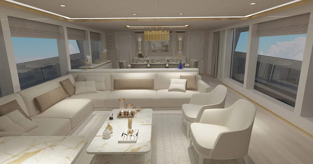 white corner sofa, two white armchairs and a white coffee table in the main salon of the EX87 superyacht