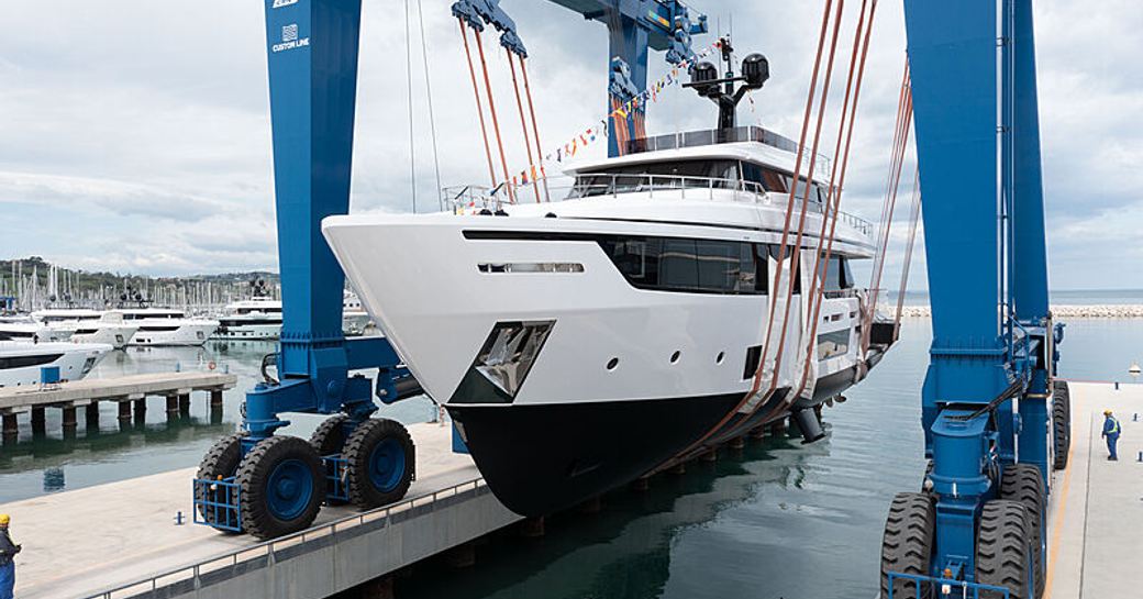 Lady G superyacht being lowered into water