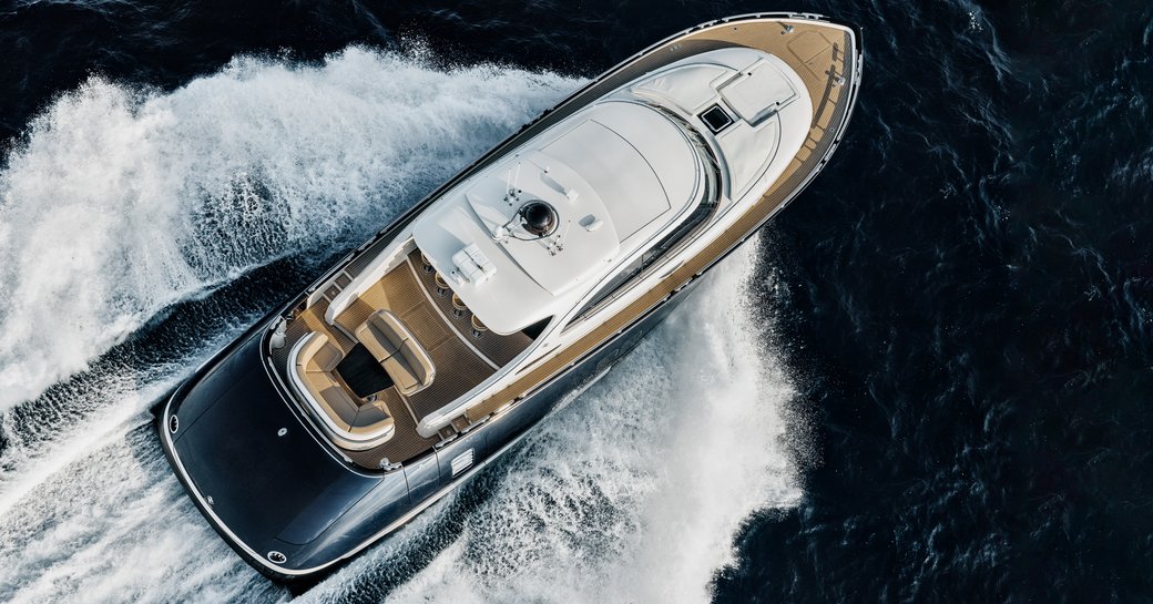 Aerial bird's eye view looking down at Zeelander 7 yacht at sea.