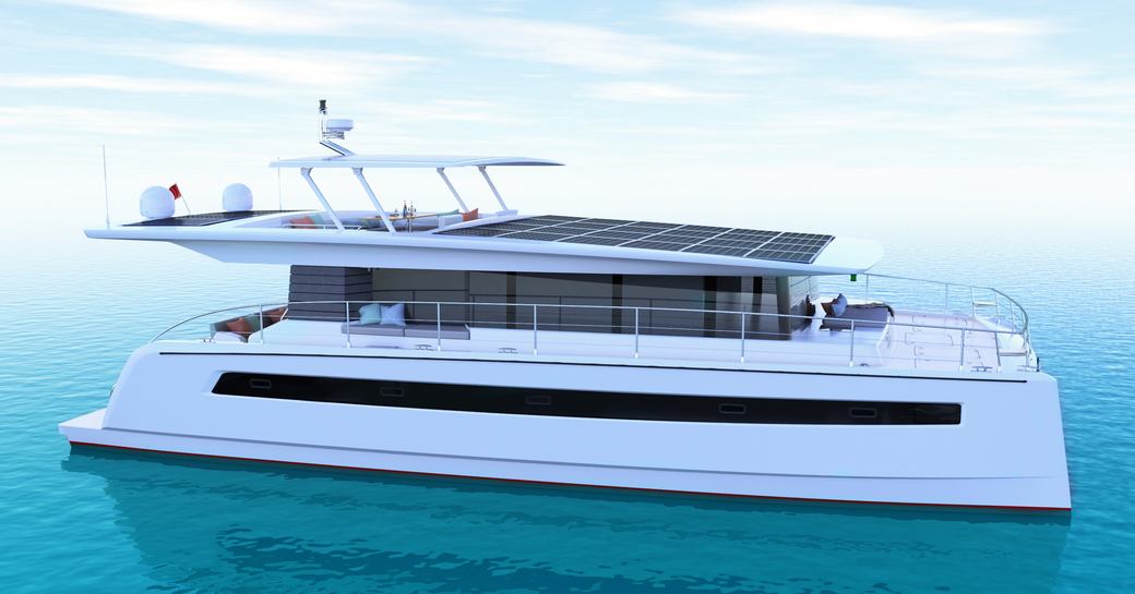 rendering of white exterior of catamaran Silent 60 anchored on blue water