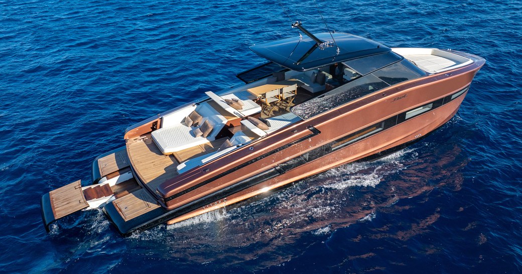 The Fiart Yachts P52 sporting a copper-bronze hull floating at sea