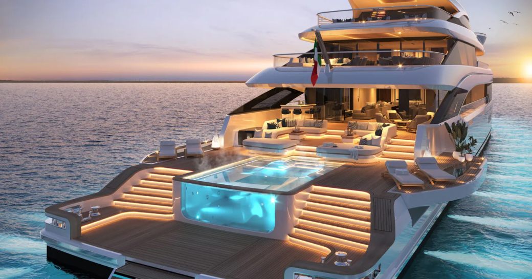 Rendering of the Benetti Oasis deck, with infinity pool centre and alfresco lounge area aft. Surrounded by sea.