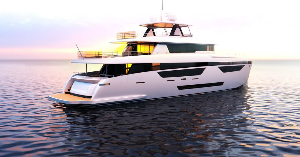 A graphic rendering of a Johnson yacht for sale