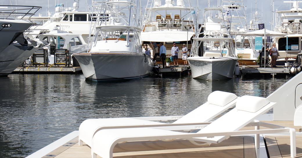 Motor yachts moored at Palm Beach International Boat Show