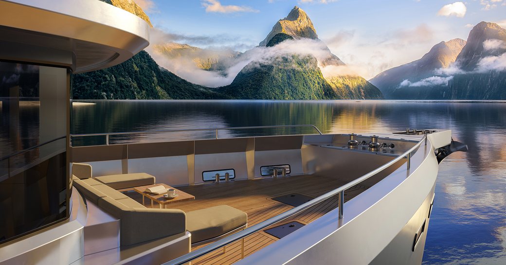 CGI of foredeck of Project Ocean with mountains in background