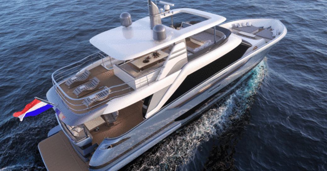 rendering of new Van Der Valk Flybridge model cruising on water with silver hull and white superstructure