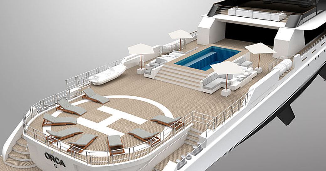 rendering of sunloungers on the helipad and a pool and seating area further forward on the aft deck of Project Orca