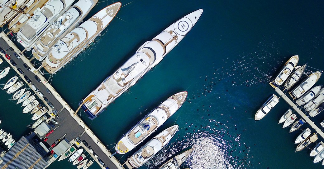 Aerial view of superyachts berthed at Port Hercule.