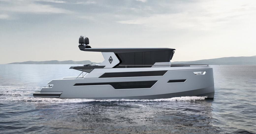 Side view rendering of Alva Yachts Eco Cruise 50 underway, surrounded by sea with land in far distance