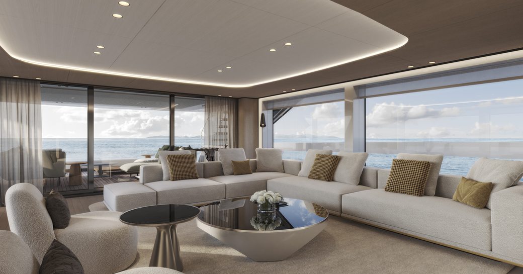 The salon onboard the Extra Yachts X100 Triplex features neutral tones for a calming ambiance 