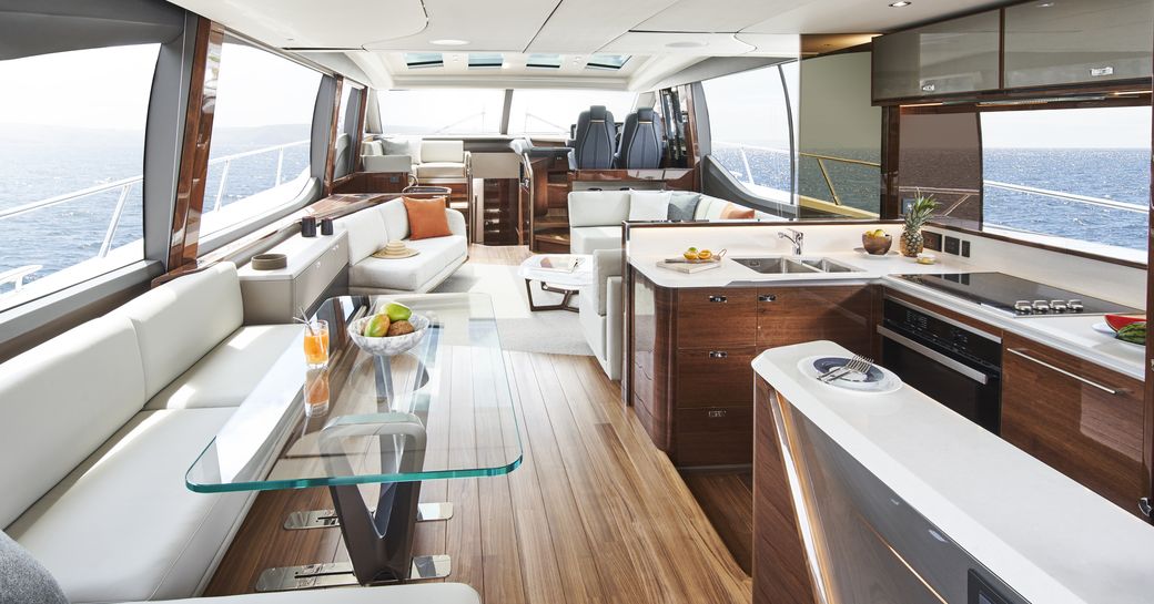 The interior of a Princess V78 superyacht