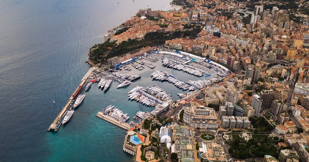 Aerial view of Port Hercule in Monaco, surrounded by sea