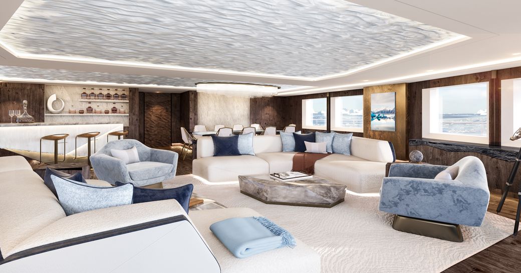 CGI of new interior on SeaExplorer 77, sofas and tables in lounge area