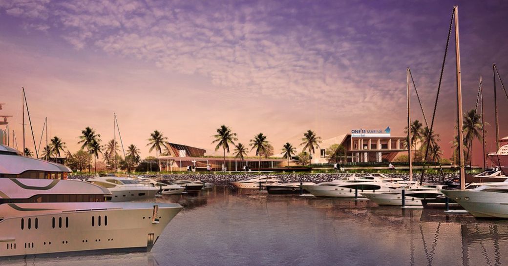 Artist impression of completed Nirup Island marina, multiple yachts and superyachts moored at dusk.