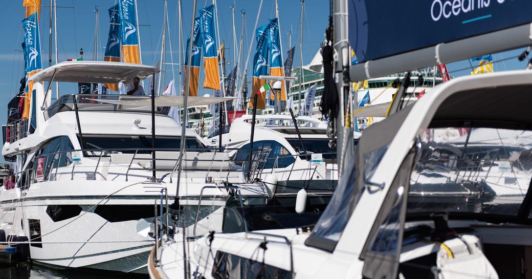 Motor yachts moored at Southampton Boat Show.