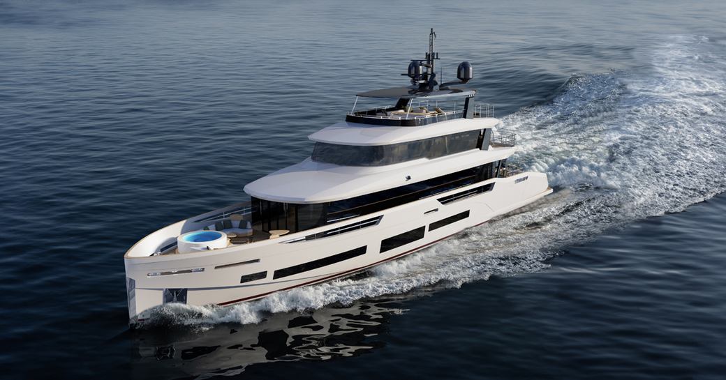 A render of the Sirena 118 cutting through a dark blue sea, showing off its port-side