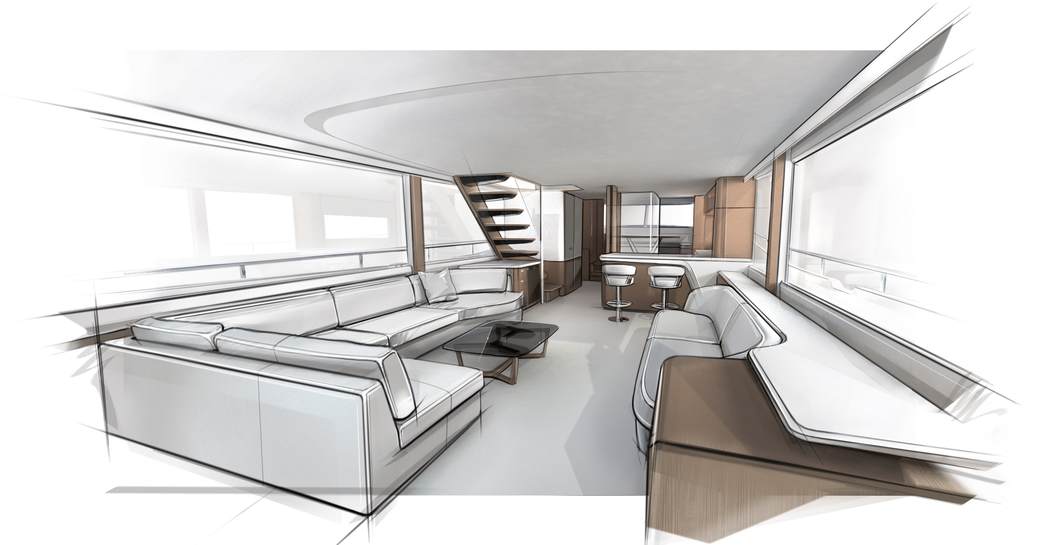 Interior design drawing inside Princess X80 main salon, with L shaped seating around sides and staircase forward