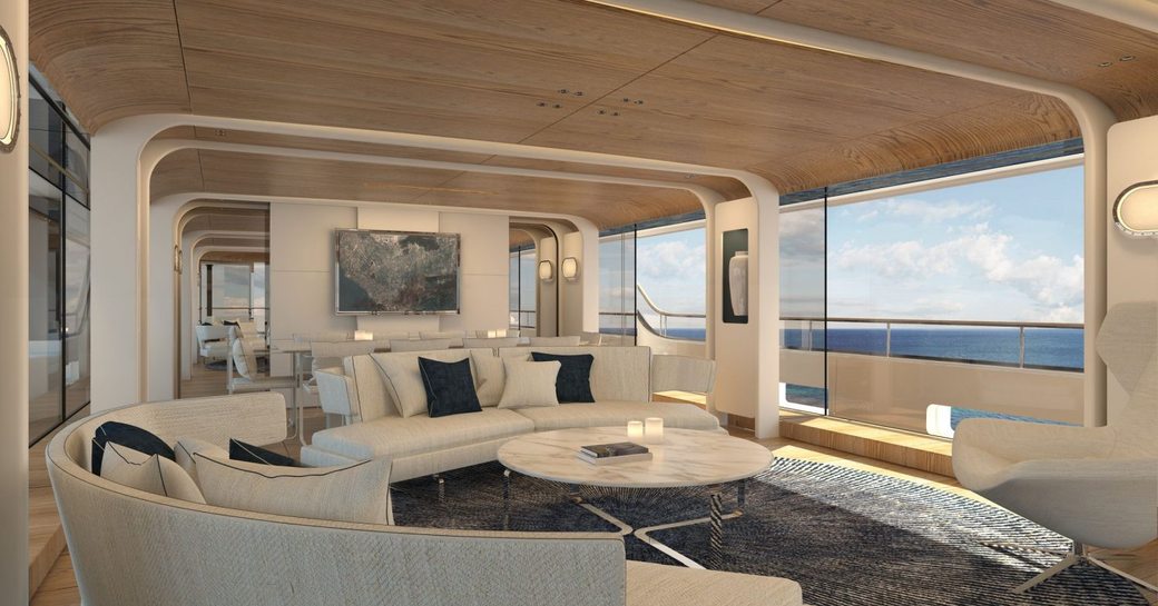 Rendering of interior of Benetti Motopanfilo showing large glass windows and comfortable seating